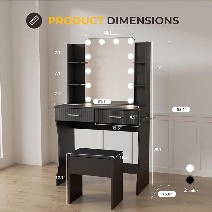 Vanity Desk with LED Lighted Mirror, Makeup Vanity with 3 Adjustable Lights, 2 Large Drawers and 4 Open Shelves, Black Vanity with Storage Stool for Bedroom