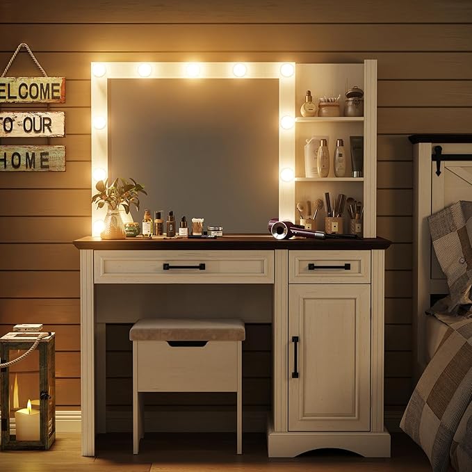 Farmhouse Vanity Makeup Desk, 43" W Vanity Desk with Lights Mirror and Drawers for Makeup, Big Modern Table Set with Stool for Bedroom, Antique White