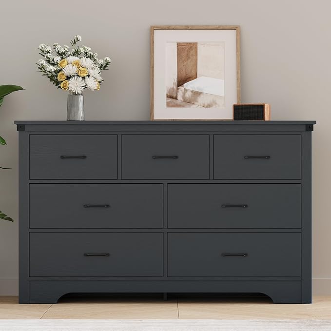Farmhouse 7 Drawer Dresser for Bedroom, 51" Wide Chest of Drawers, Wooden Dresser TV Stand, Storage Dressers Organizer for Bedroom, Living Room, Hallway, Black