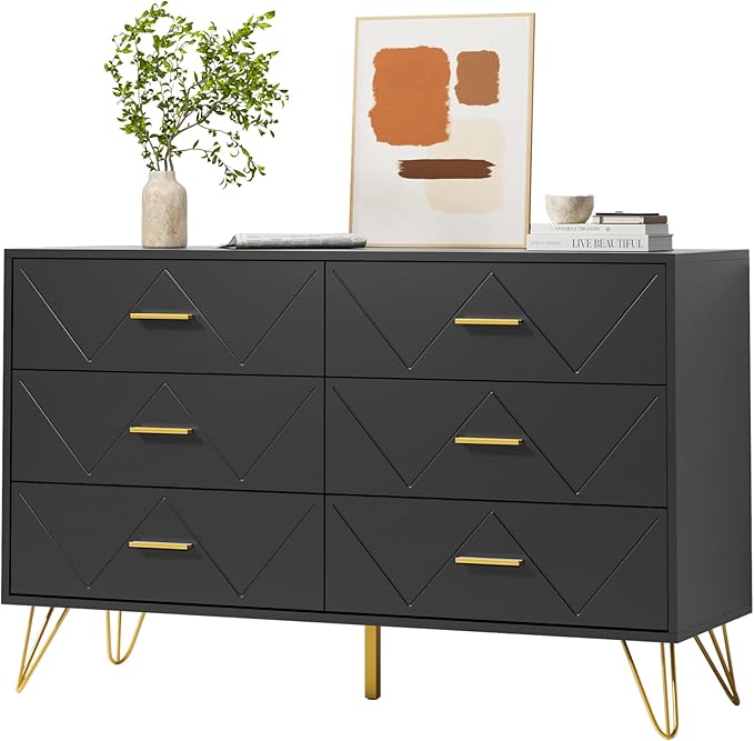 Black Dresser for Bedroom, 6 Drawer Dresser with Golden Handles, Wood Modern Double Chest for Hallway, Entryway