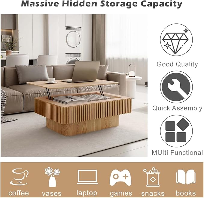 Lift Top Coffee Table with Storage, Solid Wood Coffee Table with Adjustable Height, Fluted Center Table Accent Tea Table for Living Room, Apartment, Office (38.6" Natuall)