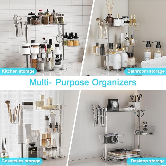 360 Rotating Makeup Organizer 2 Tier with 3 Adjustable Makeup Carousel Spinning Holder Rack - Large Cosmetic Display Case for Bathroom Countertop, Lipstick, Brushes, Skincare