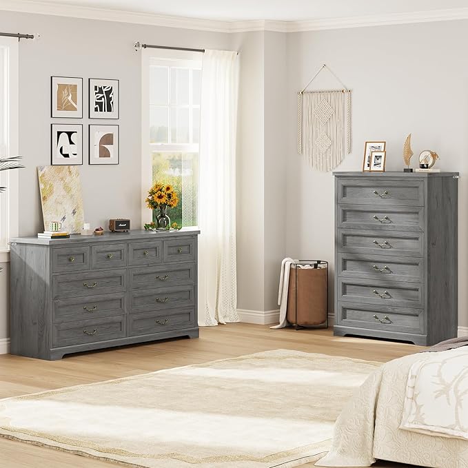 DICTAC Farmhouse 6 Drawers Dresser for Bedroom,51.2" Tall Rustic Wood Chest of Drawers,Large Storage Chest with Vintage Metal Handles, White Dresser for Bedroom,Closet,Hallway,Oak Grey