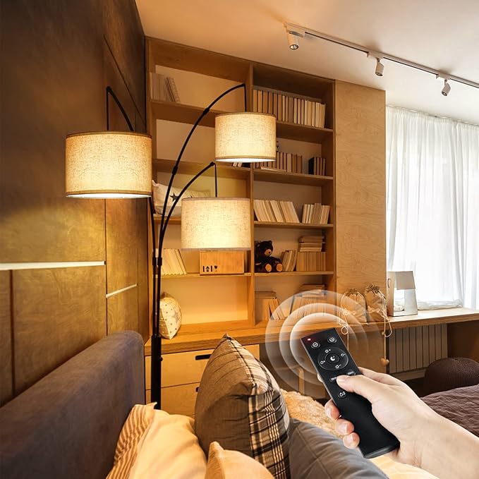 OUTON Arc LED Floor Lamp with Remote Control, Dimmable Modern Black 3 Light Arched Tall Floor Lamp, Mid Century Adjustable Standing Corner Lamps for Bedroom, Office, Living Room, Beige Lampshade