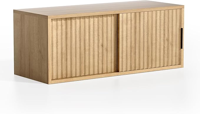 Fluted Floating TV Stand, 30" Multi-Purpose Modern TV Display Shelf Console Entertainment Center Cabinet with Sliding Doors for Bedroom Living Room Entryway, Natural Oak