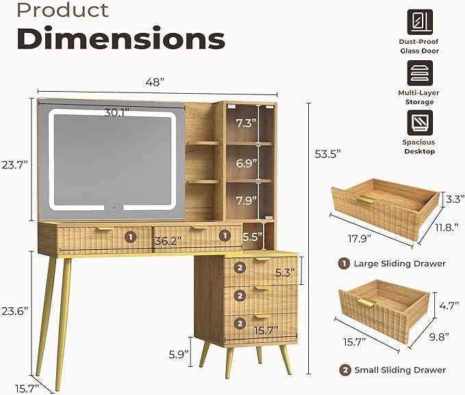Vanity Desk with Mirror and Lights, Fluted Makeup Vanity with Glass top, 48" Big Modern Vanity with 5 Drawers & Glass Cabinet, Wood Vanity with 3 Lighting Modes for Bedroom, Natural