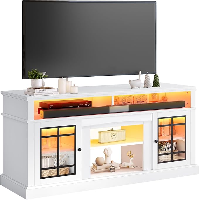 YITAHOME White TV Stand for 75 Inch TV, LED Modern Entertainment Center with Adjustable Shelves and Glass Doors, 32'' Tall Television Stands TV Media Console Table for Living Room, White