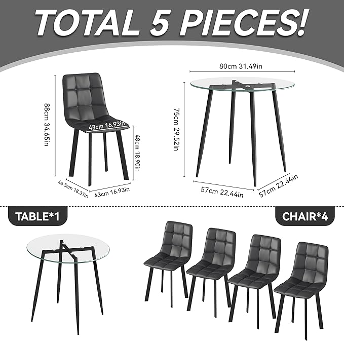 5-Piece Round Glass Dining Table Set with 4 Upholstered Chairs, Modern Kitchen Dining Room Furniture, PU Leather Padded Seat and Metal Legs – Gray
