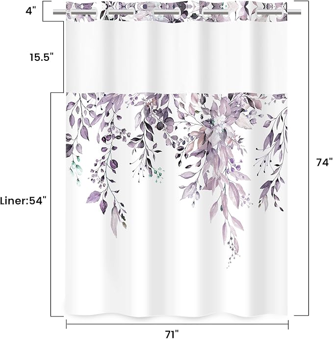 No Hook Shower Curtain with Snap in Liner - Eucalyptus Shower Curtain - Washable Waterproof Inner Liner, Plants Plum Leaves Modern Shower Curtains - Machine Washable, 71 x 74