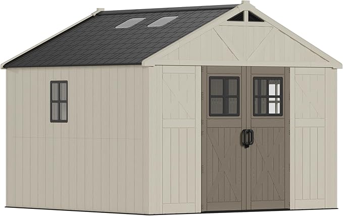 Devoko 10 x 10 FT Plastic Outdoor Storage Shed with Windows, Resin Tools Shed with Floor Large Storage Garden Shed for Patio,Garden, Backyard, Lawn, Beige