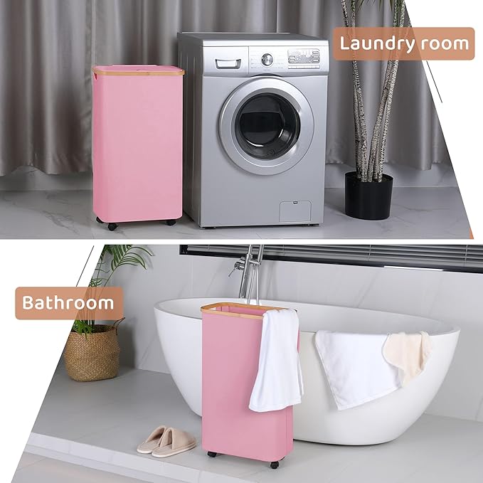 60L Slim Laundry Basket with Wheels,Narrow Hampers for Laundry,Freestanding Laundry Hamper with Lid&Bamboo Handles,Collapsible & Waterproof Tall Cloth Hamper for Dorm Family(Pink)
