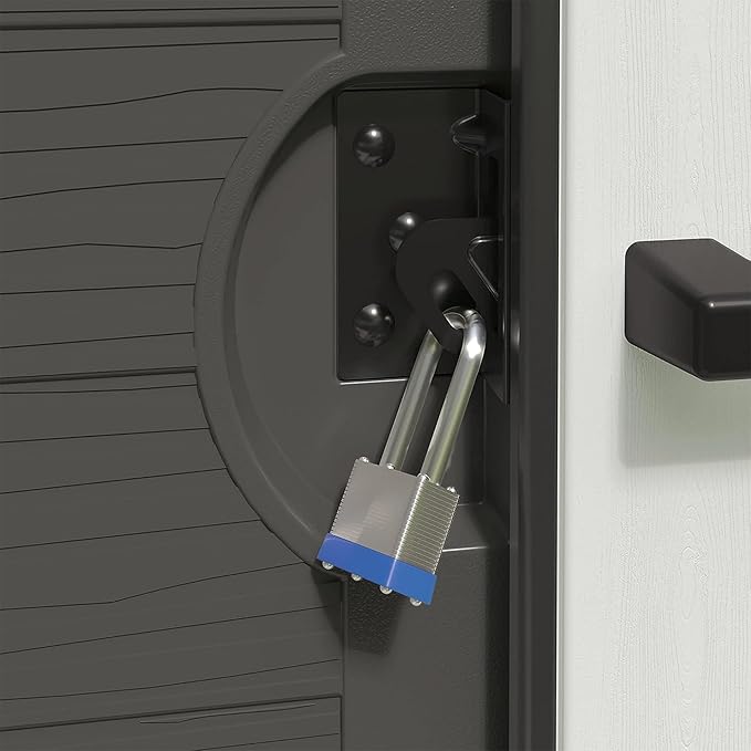 Suncast Modernist 10 Foot by 7 Foot Outdoor Plastic Storage Shed with Pad Lockable Sliding Barn Door for Outdoor Storage Items, Gray and Black