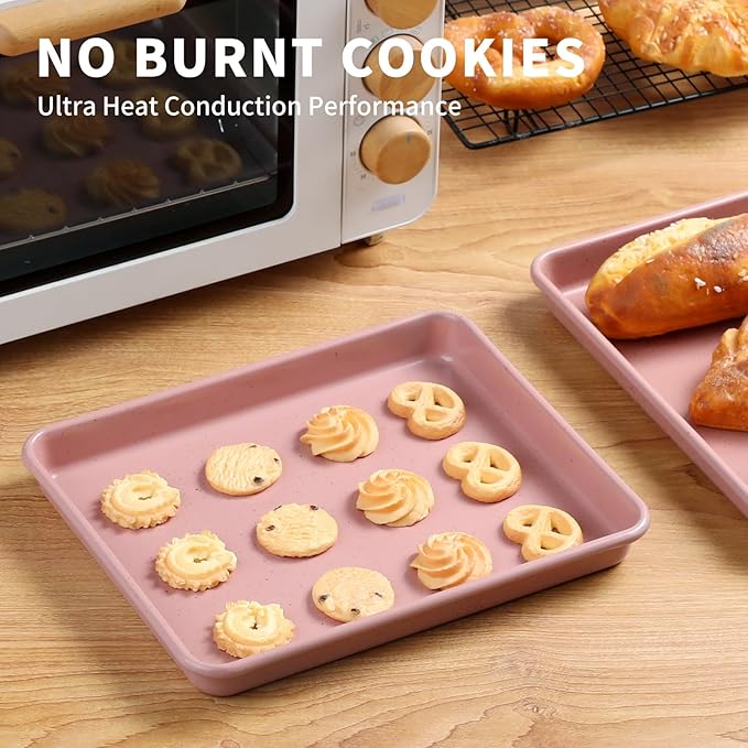 Toaster Oven Pans Set of 2, Shinsin 11-Inch Nonstick Baking Sheet Pans and Trays, 1/8 Thicker Replacement Small Baking Tray Accessories for Cookie, Non Toxic and Easy Clean and Diswasher Safe, Pink