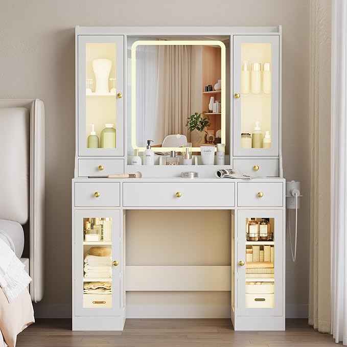 Vanity Desk with Mirror and Lights, White Makeup Vanity Table with 3 Modes & Adjustable Brightness, Glass Cabinets, Drawers, Outlet, Modern Dressing Table for Bedroom, Girls, Women, Teens