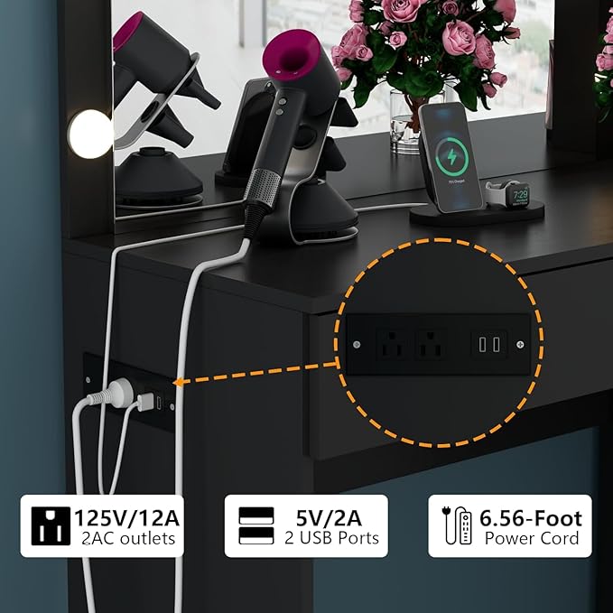 Loomie Vanity Desk with Lighted Mirror & Power Outlet, Makeup Vanity Table with 6 Drawers, 3-Tier Shelf, Vanity Dresser with 10 Lights in 3 Lighting Colors for Bathroom, Bedroom,Makeup Room, Black