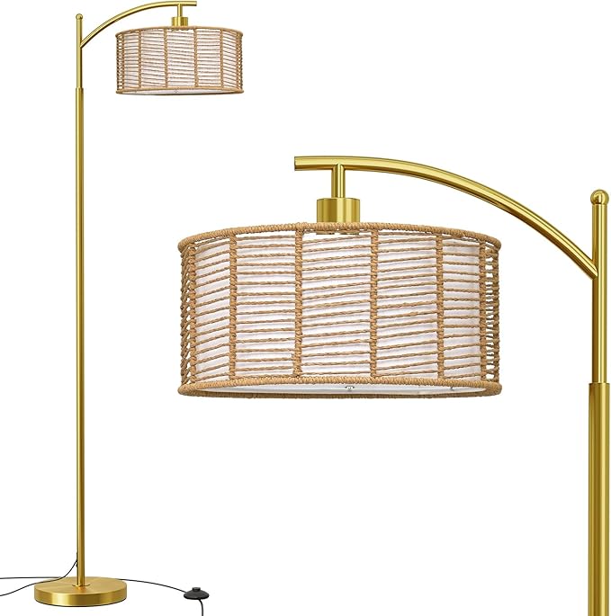 Oneach 62.5" Arc Floor Lamp for Living Room, Rattan Boho Floor Lamp with Gold Metal Base, Double Shades, Farmhouse Rustic Modern Standing Lamp for Bedroom Office Corner