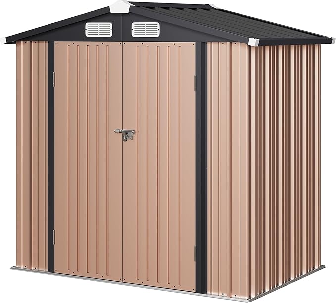 Aoxun 6'x4' Outdoor Storage Shed with Base Galvanized Steel Metal Garden Shed for Patio, Lawn & Garden(Brown, 6' x 4'W/Base)