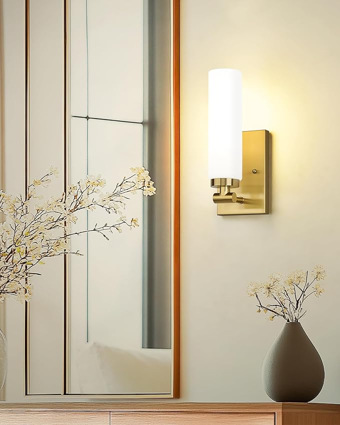 Emak Brushed Gold Wall Sconce, Modern Bathroom Vanity Sconces Wall Light Fixtures with Milk Glass Shade for Bathroom, Mirror, Living Room, Bedroom, Gallery, WS086-BGD-ML-2PK