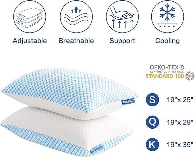 EASELAND Firm Pillow Shredded Memory Foam(Adjustable Loft), Cooling Breathable for Sleeping Standard Size 2 Pack