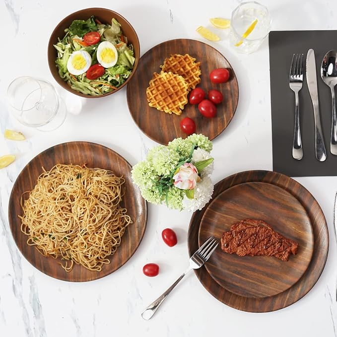 TP 18-Piece Dinnerware Set, Melamine Dishes Set with Bowls and Plates, Service for 6, Non-breakable Lightweight Dining Tableware, Rosewood Grain