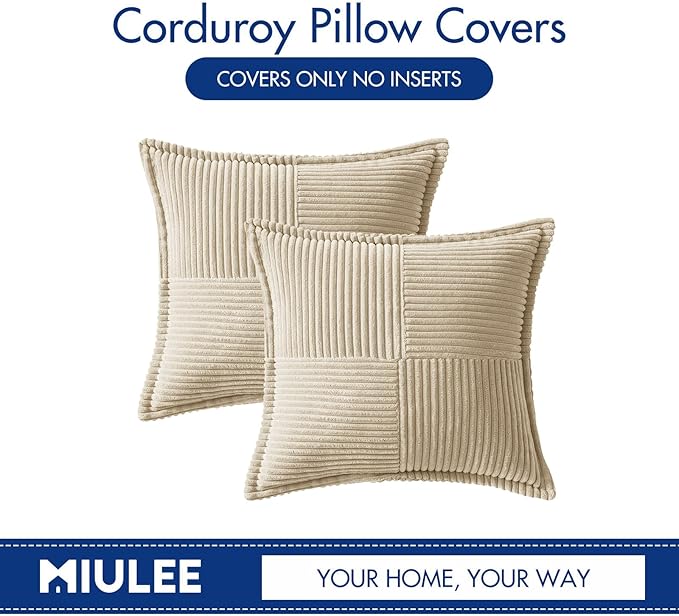 MIULEE Decorative Throw Pillow Covers for Couch Bed Livingroom 16x16 Inch Set of 2 Cream Boho Accent Throw Pllows Broadside Striped Patchwork Soft Corduroy Pillowcases