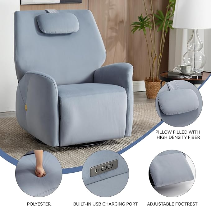 Power Recliner Chairs for Women, 270° Swivel Recliner Rocker Chair with Charging Ports, Reclining Rocking Glider Chair for Nursery, Polyester Fabric Blue