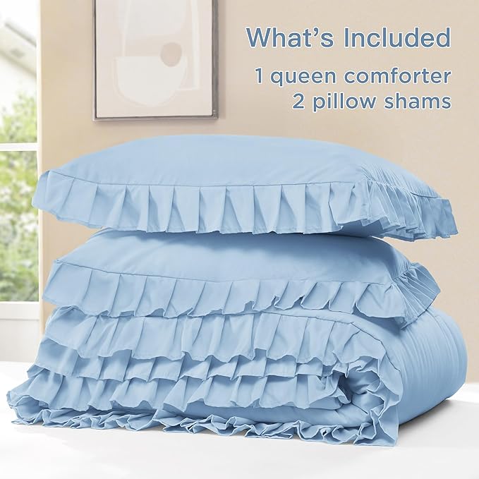 Litanika Light Blue King Size Comforter Set, 3 Pieces Ruffle Farmhouse Aesthetic Bedding Comforter Set, All Season Soft Lightweight Fluffy Microfiber Bed Set(104x90In Comforter, 2 Pillowcases)