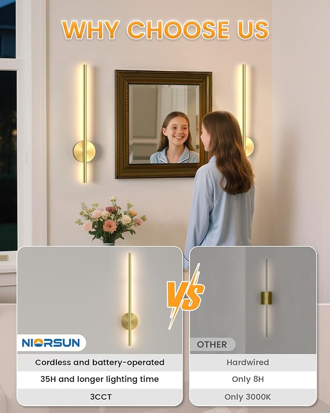 NIORSUN 27.6 Inch Battery Operated Wall Sconce Set of 2, Gold Minimalism Rechargeable Wall Lights with Remote, 3CCT Dimmable Wireless Wall Lamp for Living Room Bedroom Hallway