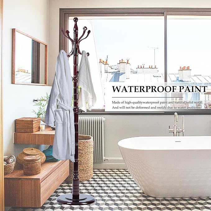 Wood Coat Rack Freestanding, Natural Coats Tree Stand with 14 Hooks, 73" Sturdy and Easy Assembly Coat Rack Stand for Entryway, Hallway, Bedroom, Bags, Hats (Heavy-duty Disc Base, Lucky Curve)