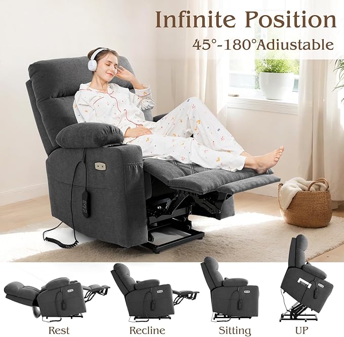 Power Lift Recliner Chair for Elderly with Extended Footrest, Infinite Position Lay Flat Recliner Chair for Adult W/Massage & Heating, Adjustable Headrest, 3-Motor Zero Gravity,Cup Holder, Fabric