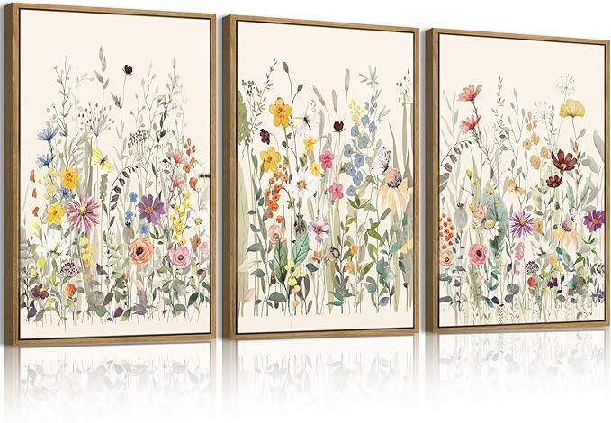 Wildflower Wall Art Large Floral Wall Painting Neutral Print Pictures Decor for Living Room Bedroom Bathroom 3 Panel 36x24 Inches