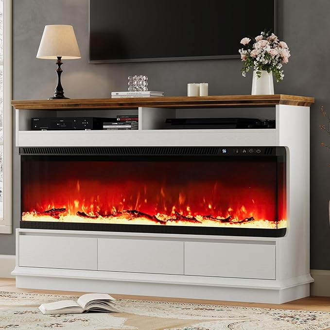 4 EVER WINNER Fireplace TV Stand with 50" Electric Fireplace, Fireplace Entertainment Center with 3-Side Glass Insert, 3 Drawers, TV Stands for Living Room, White