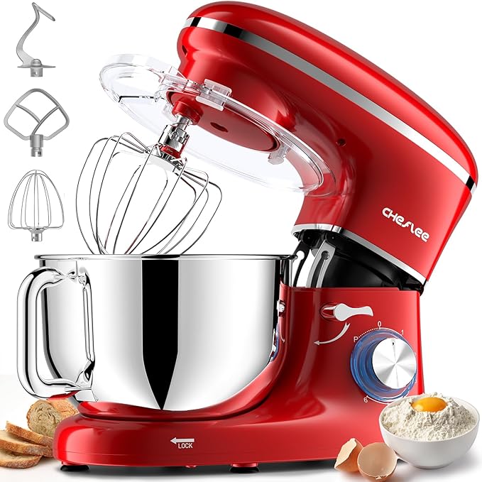 CHeflee Stand Mixer,600W 6+P With 6.5QT Stainless Steel Bowl,Dough Hook, Wire Whip & Beater,for Most Home Cooks,Red