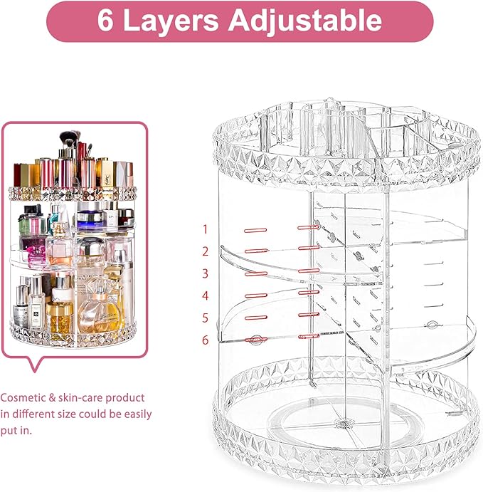 V-HANVER Makeup Organizer Combo - 360° Rotating Makeup Organizer with 7 Adjustable Layers Acrylic Skincare Organizer Large Cosmetic Display Case Clear Perfume Organizer with Makeup Palette Organizer