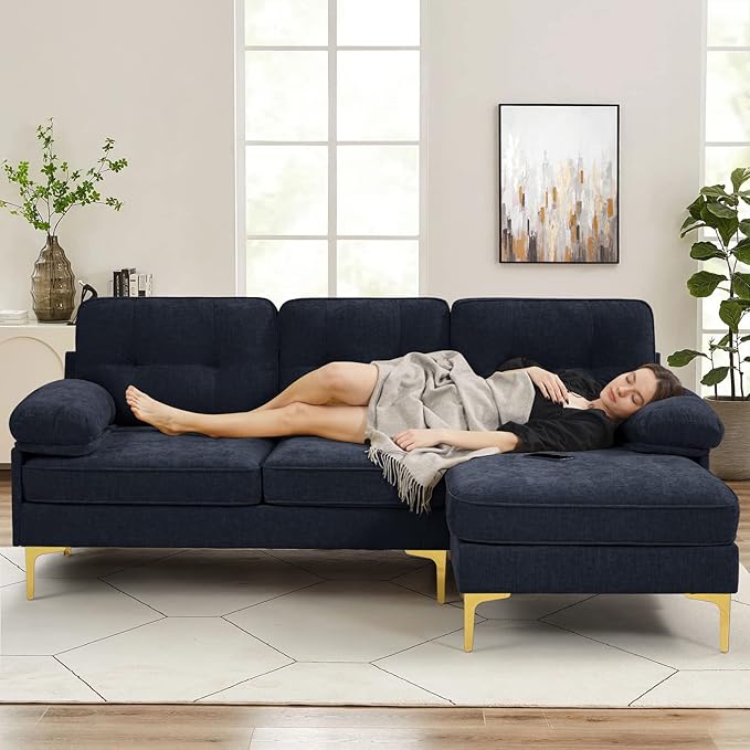 EASELAND 82" L-Shape Sofa with Reversible Chaise Lounge, Convertible Sectional Sofa Couch, Chenille Modern Sofa Couch for Living Room, Apartment and Office, Removable Cover (Dark Blue)