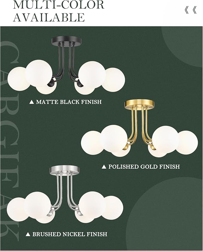 Gold Flush Mount Ceiling Light in Modern Farmhouse Design Features 6 Frosted Glass Shades, Perfect for The Living Room, Bedroom, Or Dining Room. Model:CKCL4845-6W-PG