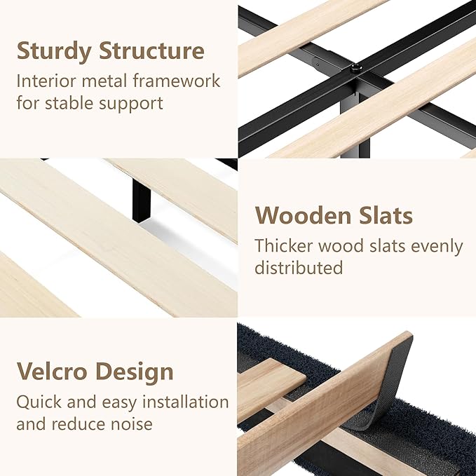 Queen Size Boucle Bed Frame, Upholstered Platform Cloud Bed Frame with Headboard, Soft Teddy Fabric, Modern Style, No Box Spring Required, Easy Assembly, Blue-Black