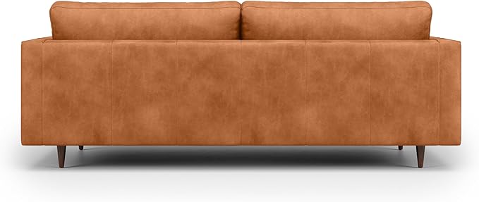 Valencia Isabella 88" Wide Sofa with 2 Bolsters | Italian Nappa 11000 Full Grain Leather, Mid-Century Tufted Couch for Living Room, Kiln-Dried Wood Frame, Down Feather Filling, Cognac