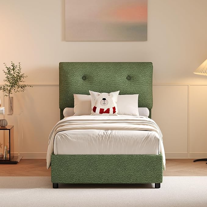 Twin Bed Frames,Breathable Boucle Fabric Upholstered Bed Frame Twin with Headboard,Removable and Washable,Wood Slat Support,No Box Spring Needed,Easy Assembly,Cama Individual,Green