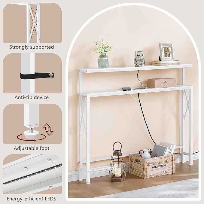 FAVOOSTY 46.8" Skinny Console Table with Charging Station and LED Light,5.9" Narrow Sofa Table with Power Outlets and Type C & USB Port, Behind Couch Table for Living Room, Hallway, EntryWay, White