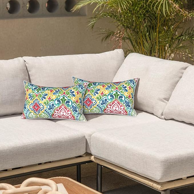 LVTXIII Outdoor Lumbar Pillow Covers 12"x20", Covers ONLY, 2 Pack 30x50cm Lumbar Cushion Cover with White Piping for Home Patio Garden Sofa Bench, Damask Red