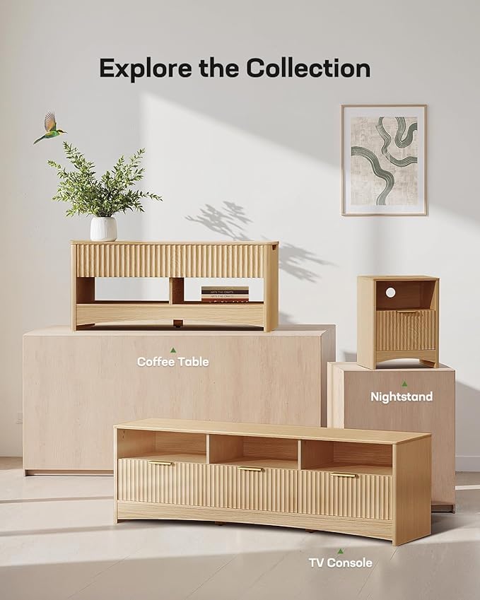 Marsail 59″ Wide TV Stand for TVs Up to 65″, Modern Entertainment Center with Fluted Panels, 3 Easy-Sliding Drawers, Open Shelves & Cable Hole, 3-Tier TV Stands for Living Room & Bedroom, Natural Oak