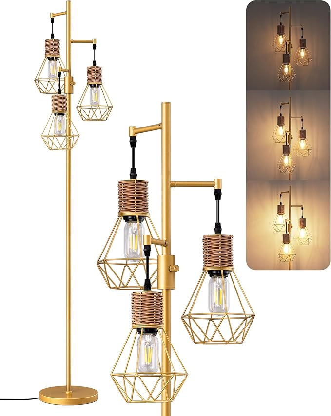 EDISHINE Dimmable Industrial Floor Lamp, Farmhouse Standing Lamp for Living Room with 3 LED Edison Bulbs, Diamond-Shaped Cage, Corner Rustic Rattan Reading Lamps for Bedroom, Office, Gold