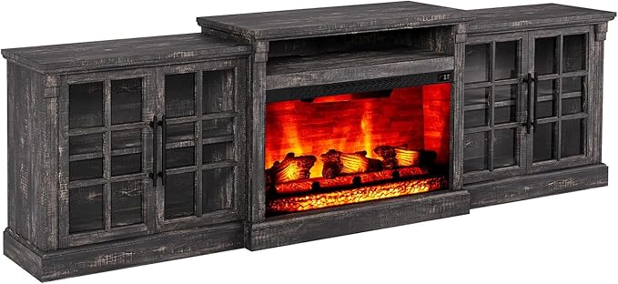 97" Farmhouse TV Stand with 33" Fireplace for TVs up to 100", Media Entertainment Center with Large Storage Cabinet and Adjustable Shelves for Living Room, Rustic Black