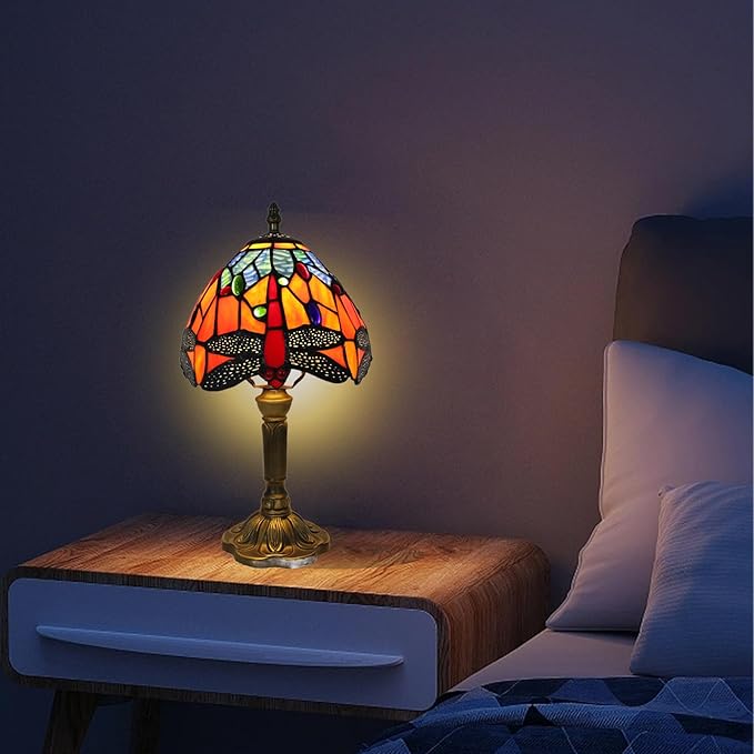 8 inch Dragonfly Tiffany Style Table lamp Vintage Small Blue Orange Stained Glass Shade Light Home livingroom Bedroom Bedside Light Desk Decor Decoration 14.6" Tall
