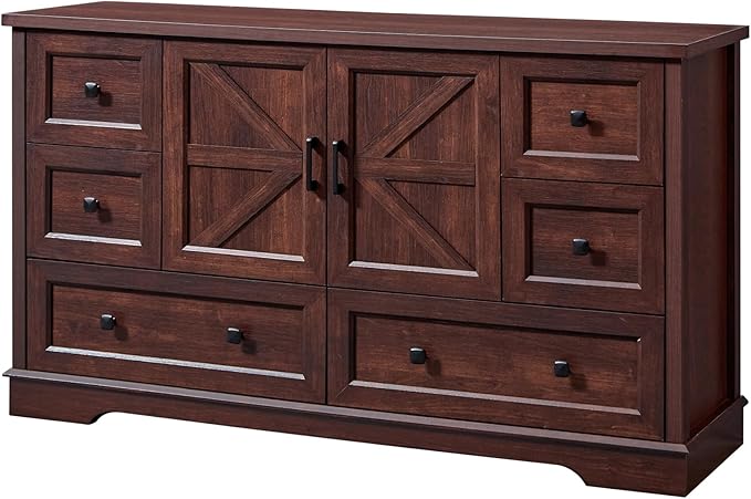 SOOWERY Dresser for Bedroom, Farmhouse Dresser with 6 Wooden Drawers and Storage Cabinet, 55 Inches Tall Chest of Drawers for Bedroom, Living Room, Hallway, Dark Cherry