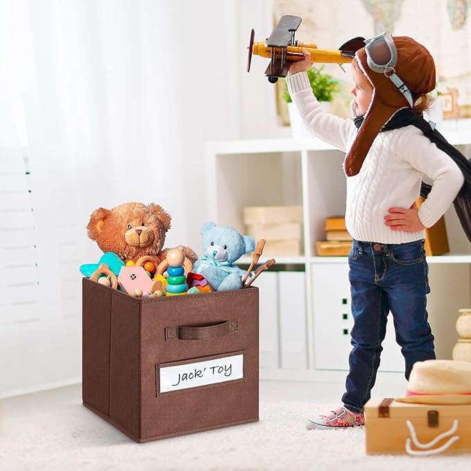 artsdi 13x13x13 storage cube bins (Set of 10) Fabric storage cubes with 10 Labels Window Cards & a Pen, storage cubes 13x13, Collapsible 13 inch cube storage bins, Cubby Organizer Boxes, Brown