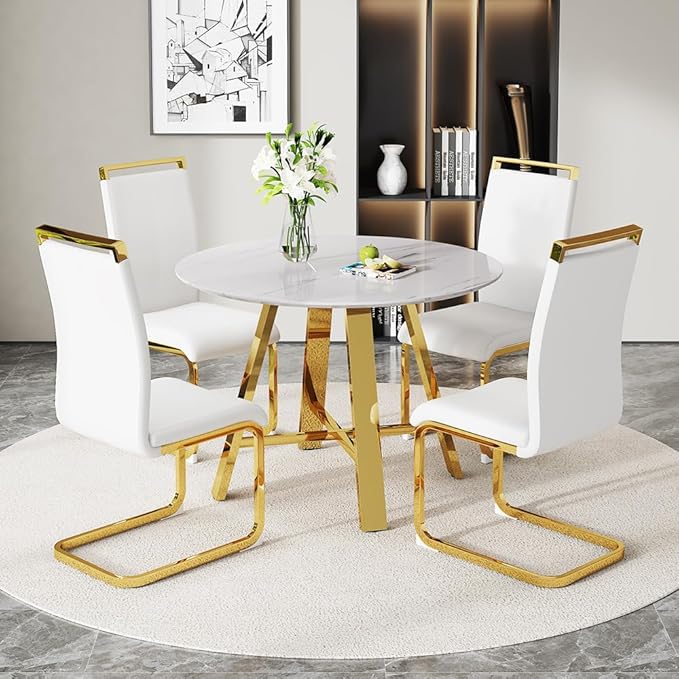 Modern Round Dining Table Set for 4, 42" Faux Marble Dining Room Table Set & Upholstered PU Leather Chairs, Comedor de 4 Sillas y Mesa