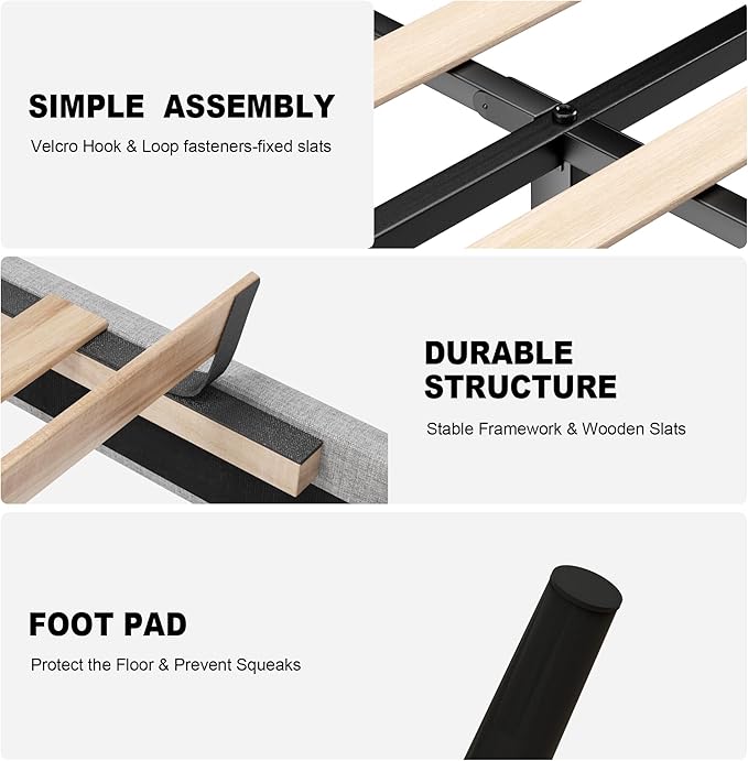 Full Size Bed Frame with Fabric Upholstered Headboard, Platform Bed with Wooden Slats Support, Fully Mattress Foundation, Box Spring Optional, Easy Assembly