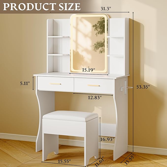 White Makeup Vanity Desk with Mirror and Lights, Small Vanity Table Set with Power Outlet, Dressing Table with 2 Drawer & 4 Storage Shelves, Adjustable RGB Lighting, Includes Chair for Girl’s Bedroom